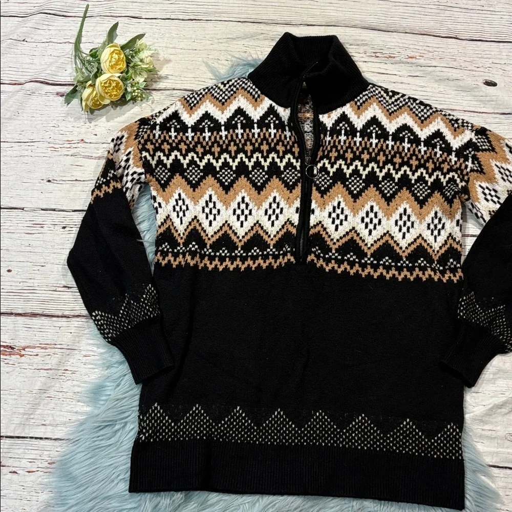 Ann Taylor Loft Fairisle Quarter Zip Pullover Sweater
